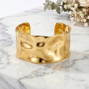 18K Gold Plated 316L Stainless Steel Wide Hammered Statement Cuff Bracelet